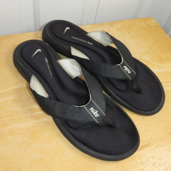 Nike Flip Flops Sandals Womens Size 12 Comfort Loaded Footbed Black/White Logo - Picture 1 of 5
